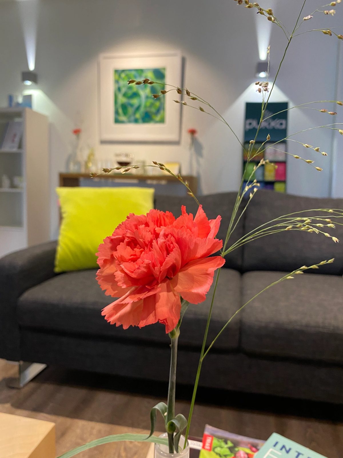 Lounge mit grauem Sofa, bunten Kissen und gerahmtem Bild an der Wand